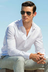 EVANS WHITE BUTTON DOWN DRESS SHIRT - CASUAL /FORMAL EVENT - MODEL B WEARING SHIRT