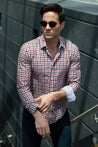 MONROE RED CHECKERED BUTTON DOWN DRESS SHIRT - CASUAL /FORMAL EVENT - MODEL B WEARING SHIRT