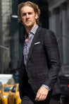 MONROE BROWN CHECKERED BUTTON DOWN DRESS SHIRT - CASUAL /FORMAL EVENT - MODEL A WEARING SHIRT
